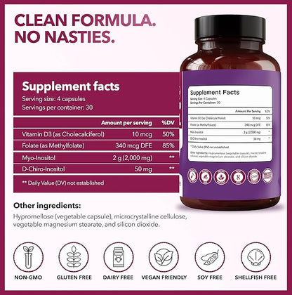 Intimate Rose Myo-Inositol & D-Chiro Inositol Supplement with Folate and Vitamin D - Support Hormonal Balance, Regular Cycles and Ovarian Health - 30-Day Supply - 40:1 Ratio Capsules