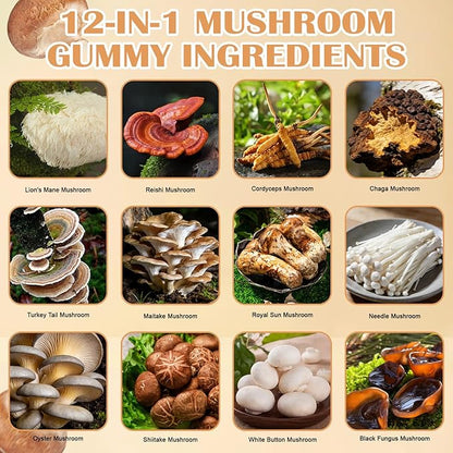 Lions Mane Mushroom Supplement Gummies - All-in-One Daily Mushroom Supplement Gummy, 12 Mushroom Blend Cordyceps, Chaga, Reishi, Herbal Brain Supplement for Cognitive, Memory & Focus,60 Gummies