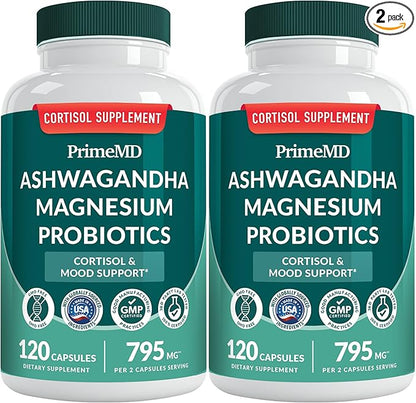 5-in-1 Cortisol Supplement for Women and Men with Ashwagandha for Calmness, Focus, and Adrenal Support Supplements with Shilajit Extract, Magnesium Glycinate, Probiotics (120 ct) (Pack of 2)