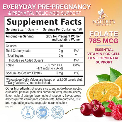 Folic Acid Gummies for Women - Folate 785 mcg Per Serving - Essential Prenatal Vitamins for Mom & Baby, Vegan Folic Supplement Gummy, Daily B9 Vitamin, Before During After Pregnancy - 120 Gummies