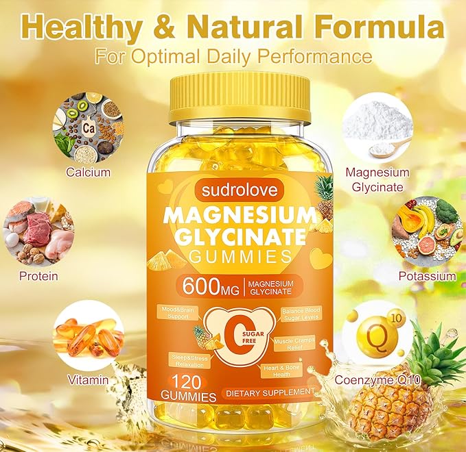 Magnesium Glycinate Gummies 600mg – Sugar Free Magnesium & Potassium Dietary Supplement with Vitamin D, B6 and CoQ10 for Calm Support & Sleep for Adults - High Absorption -Pineapple Gummies