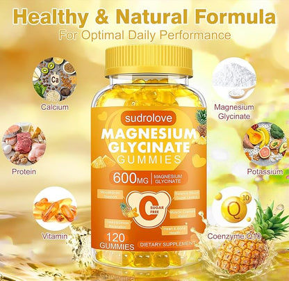 Magnesium Glycinate Gummies 600mg – Sugar Free Magnesium & Potassium Dietary Supplement with Vitamin D, B6 and CoQ10 for Calm Support & Sleep for Adults - High Absorption -Pineapple Gummies