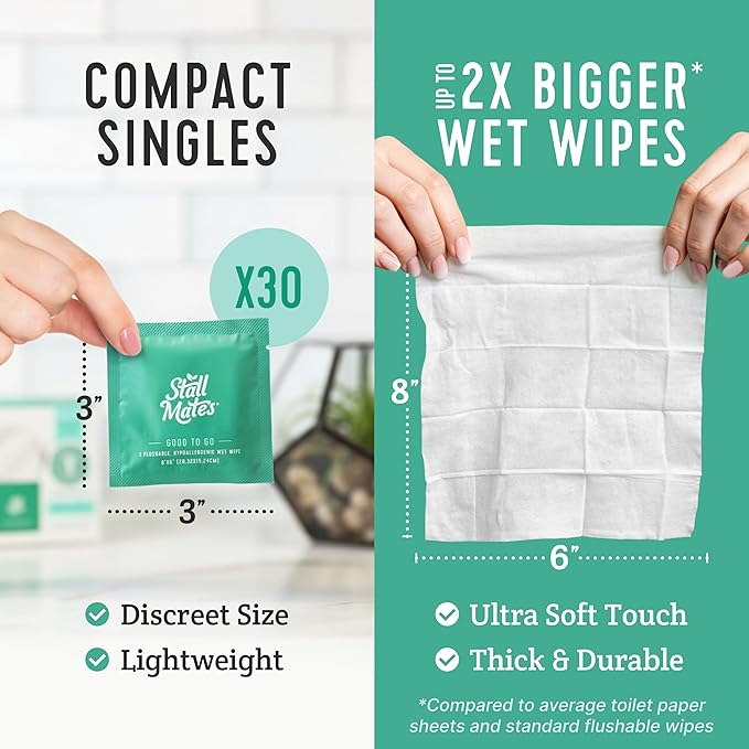 Stall Mates Wipes - Flushable Wipes, Individually Wrapped, Travel Friendly, Unscented with Cucumber, Vitamin-E & Aloe, (30 on-the-go singles)