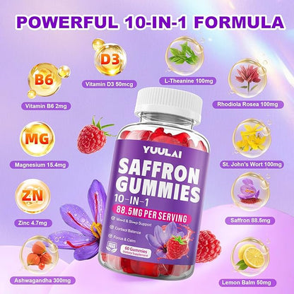 Saffron Gummies, 10-in-1 Saffron Supplements for Kids & Adults with 88.5mg Saffron Extract, for Emotions, Zzz, Sugar Free, Raspberry Flavor, 60 Count