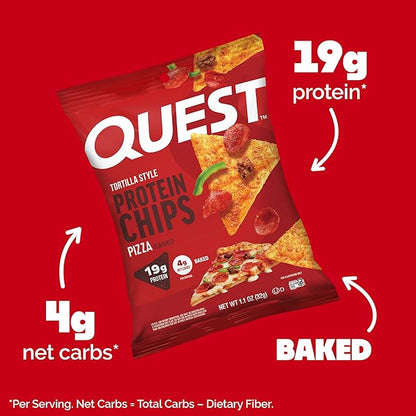 Quest Nutrition Pizza Tortilla Style Protein Chips, 19g Protein, 4g Net Carbs, High Protein Snack, Low Carb, Gluten Free, 1.01 oz bags, 12 Count