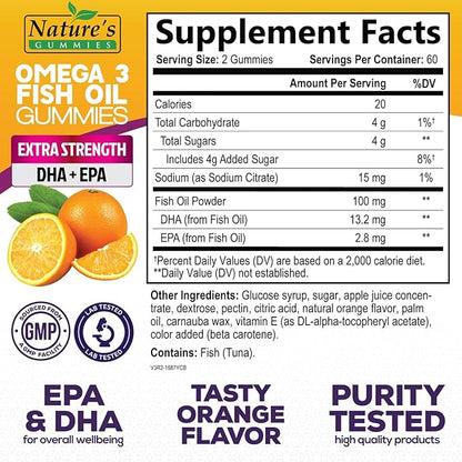 Omega 3 Fish Oil Gummies, Heart Healthy Omega 3 Gummy Supplement with High Absorption DHA & EPA, Extra Strength Joint & Brain Support, Delicious Orange Flavor Fish Oil Nature's Vitamin - 120 Gummies