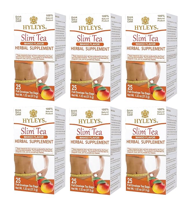 Hyleys Slim Tea Mango Flavor - Weight Loss Herbal Supplement Cleanse and Detox - 25 Tea Bags (6 Pack)