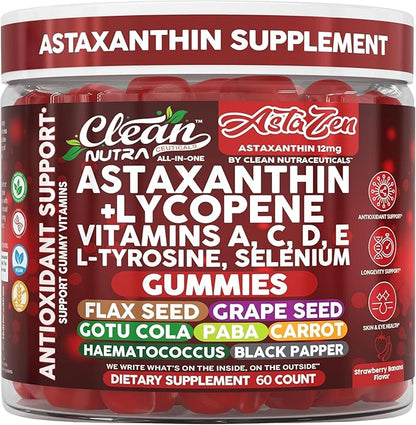 Clean Nutraceuticals AstaZen Astaxanthin Gummies 12mg - with Lycopene, Vitamins A C D E, L-Tyrosine & Selenium - Antioxidant Support Gummies - 60 Count