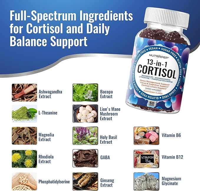 Cortisol Gummies for Women Men - 13-in-1 High Cortisol Reducer with Ashwagandha Magnesium L-theanine Rhodiola Rosea - Daily Cortisol Detox Manager for Stress Focus Support - Vegan Sugar Free