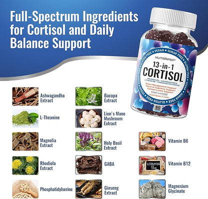 Cortisol Gummies for Women Men - 13-in-1 High Cortisol Reducer with Ashwagandha Magnesium L-theanine Rhodiola Rosea - Daily Cortisol Detox Manager for Stress Focus Support - Vegan Sugar Free