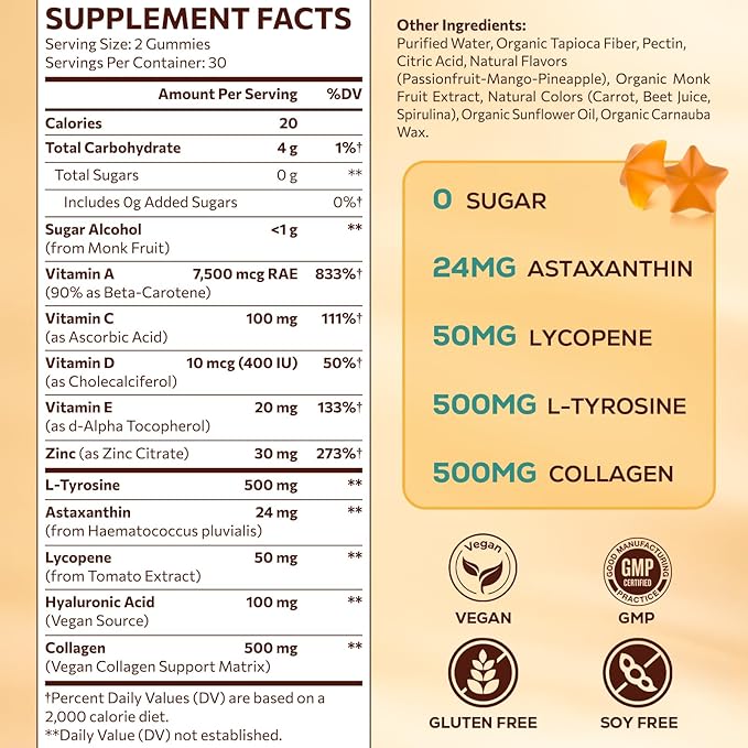 Tanning Gummies with Astaxanthin for Women and Men | Sunless Tanning Supplement with Beta Carotene, Lycopene, Collagen & Vitamins | Skin Radiance & Hydration | Vegan & Sugar Free - 120 Count