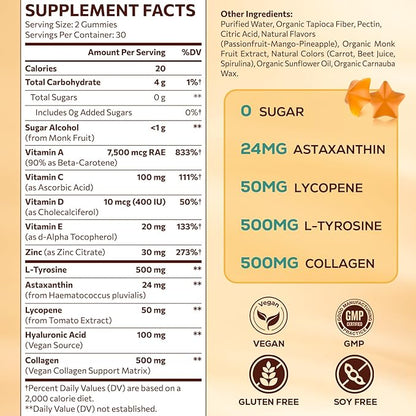 Tanning Gummies with Astaxanthin for Women and Men | Sunless Tanning Supplement with Beta Carotene, Lycopene, Collagen & Vitamins | Skin Radiance & Hydration | Vegan & Sugar Free - 120 Count