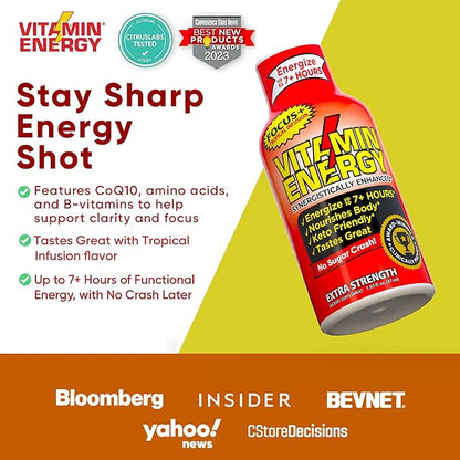 Vitamin Energy Focus+ Extra Strength Energy Shot Tropical Infusion 48 Pack, 260mg Natural Caffeine, B-Vitamins, CoQ10, Amino Acids, Focus, Productivity & Clarity, Zero Sugar, Gluten-Free, 1.93 fl oz