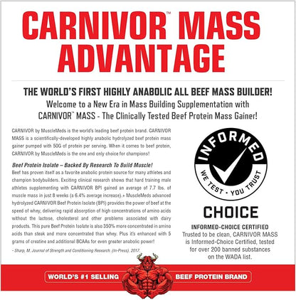 MuscleMeds CARNIVOR Mass Gainer Beef Protein Isolate Shake, 50 Grams Protein, 125 Grams Carbs, 0 Fat, 0 Sugar, Lactose Free, Cookies & Cream, 6 Pound