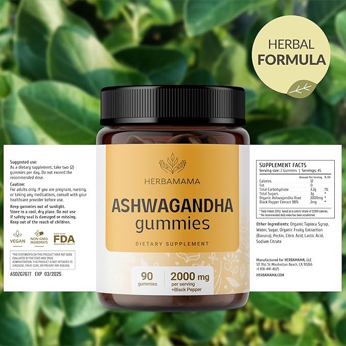 HERBAMAMA Ashwagandha Gummies - 2000mg Pure Ashwagandha Root with Black Pepper for Calm & Mood Support - Vegan, Non-GMO Calming Supplements for Adults - 90 Pectin-Based Banana-Flavored Chews