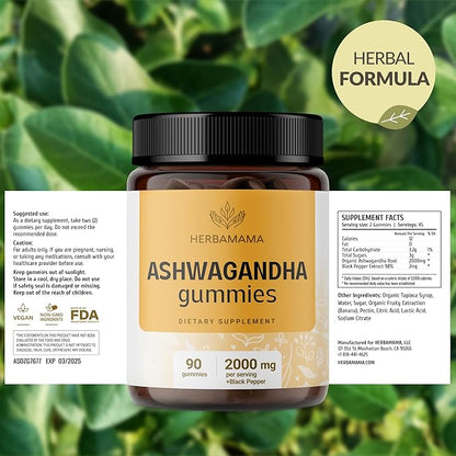 HERBAMAMA Ashwagandha Gummies - 2000mg Pure Ashwagandha Root with Black Pepper for Calm & Mood Support - Vegan, Non-GMO Calming Supplements for Adults - 90 Pectin-Based Banana-Flavored Chews