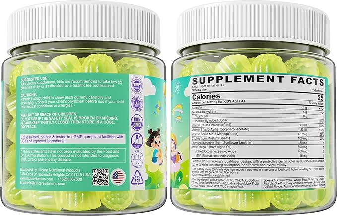 Omega-3 for Kids 4+, Algae EPA & DHA Gummies Plus Vitamin D3 K2, Choline & PS for Brain, Bone, Cognitive & Immune Health, Zero Sugar Children Ultra-High DHA Fish Oil Alternative Lemon Flavor, 60 Cts