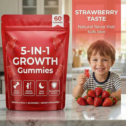 5-in-1 Growth Gummies with Amino Acids, Vitamin D3 & K2, Strawberry Flavor Chewable Supplement, 60 Count