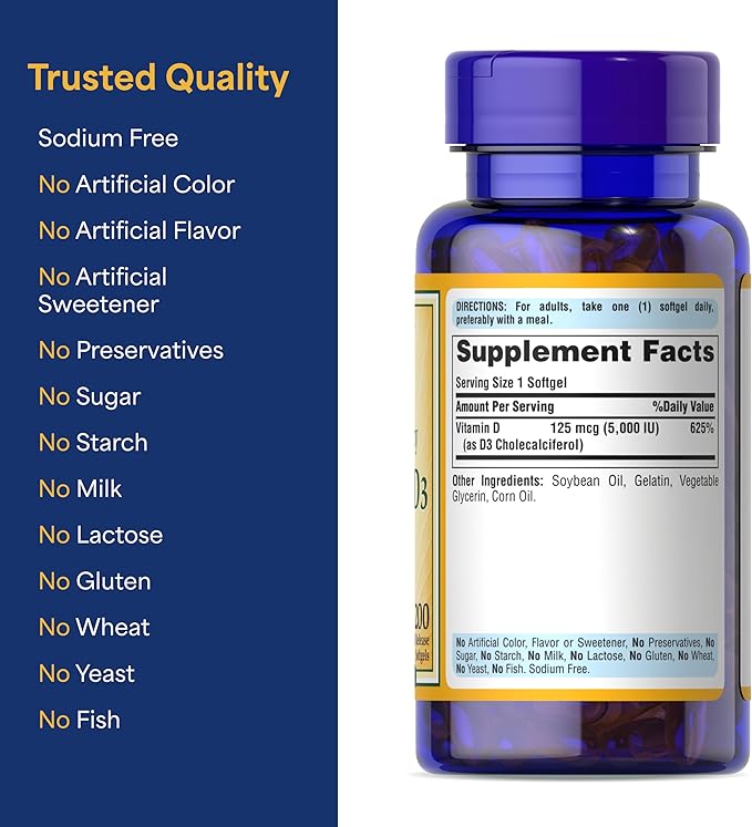 Puritan's Pride Premium Sunvite™ Mega-Potency Vitamin D3 5,000 IU, Dietary Supplement for Healthy Bones, Teeth, and Immune System Support, 200 Rapid Release Softgels (Packaging May Vary)