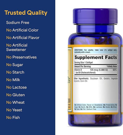 Puritan's Pride Premium Sunvite™ Mega-Potency Vitamin D3 5,000 IU, Dietary Supplement for Healthy Bones, Teeth, and Immune System Support, 200 Rapid Release Softgels (Packaging May Vary)
