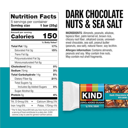 Kind Zero Added Sugar Healthy Snacks Bars, Dark Chocolate Nuts & Sea Salt, Gluten Free, High Fiber, Keto Snacks, 5g Protein, 5 Count