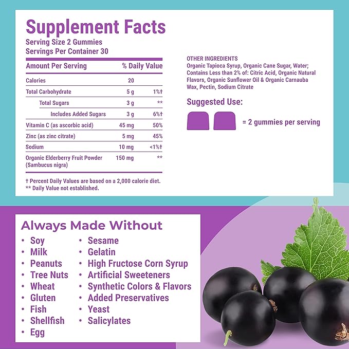 Hyland's Organic Elderberry Plus Gummies, Organic Black Elderberry with ZINC and Vitamin C, Immune Support Supplement for Adults, 60 Vegan Gummies (30 Days) (Pack of 2)