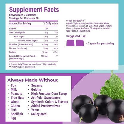 Hyland's Organic Elderberry Plus Gummies, Organic Black Elderberry with ZINC and Vitamin C, Immune Support Supplement for Adults, 60 Vegan Gummies (30 Days) (Pack of 2)
