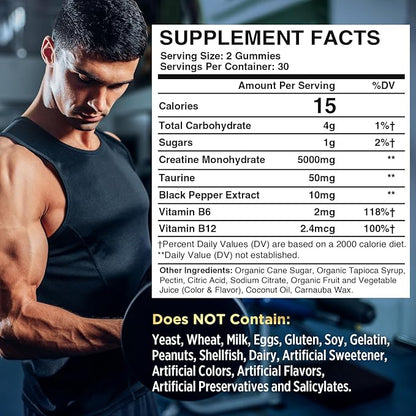 Creatine Monohydrate Gummies for Men & Women Pre Workout Gummies with Taurine, Vitamin B6 & B12 Creatine Monohydrate Chewable for Increase Strength, Energy, Endurance, Muscle, Organic (2 Packs)