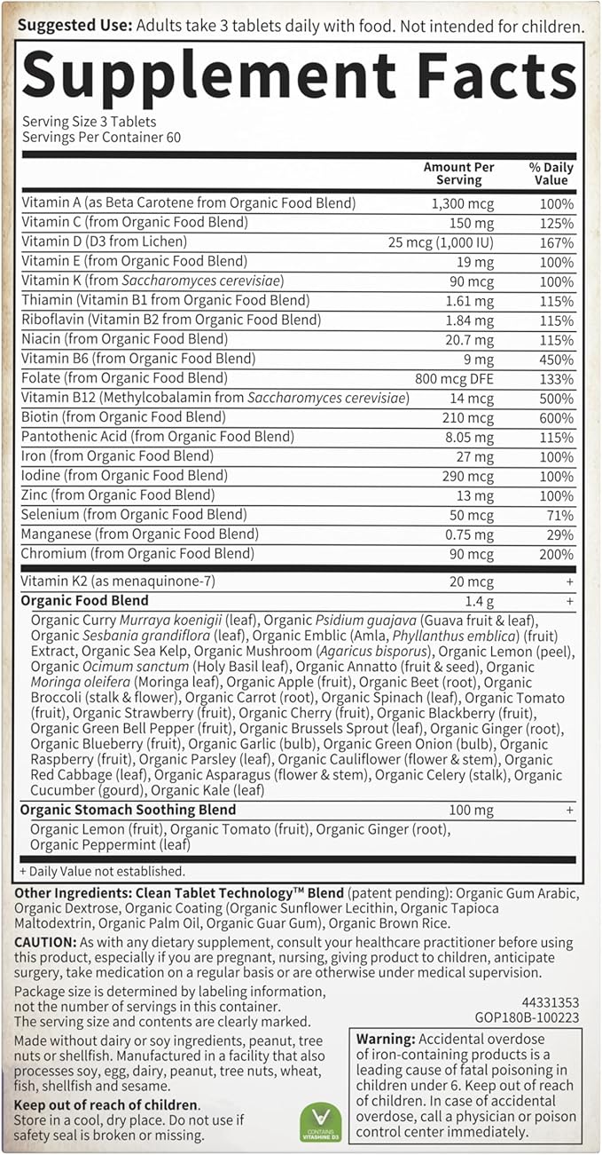 Garden of Life Organics Prenatal Multivitamin with Folate, B6, B12, D3 & Iron – Prenatal Vitamins for Women with Energy Metabolism Support for Healthy Fetal Development, Non-GMO, Vegan, 60 Servings