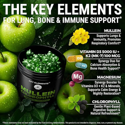 Mullein Gummies for Lung Support with Chlorophyll Magnesium, Vitamin D3 5000 IU & Vitamin K2 100 MCG - Mullein with Chlorophyll Gummies for Lung, Bone, & Immune Support – Vegan, Non-GMO, Gluten-Free