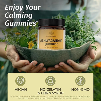 HERBAMAMA Ashwagandha Gummies - 2000mg Pure Ashwagandha Root with Black Pepper for Calm & Mood Support - Vegan, Non-GMO Calming Supplements for Adults - 90 Pectin-Based Banana-Flavored Chews