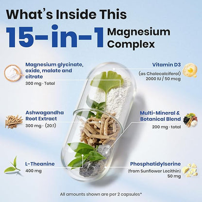 VEV DeepCalm Magnesium Complex for Women – 15-in-1 Glycinate & Citrate Capsules with Ashwagandha & L-Theanine – 120 Vegan Capsules