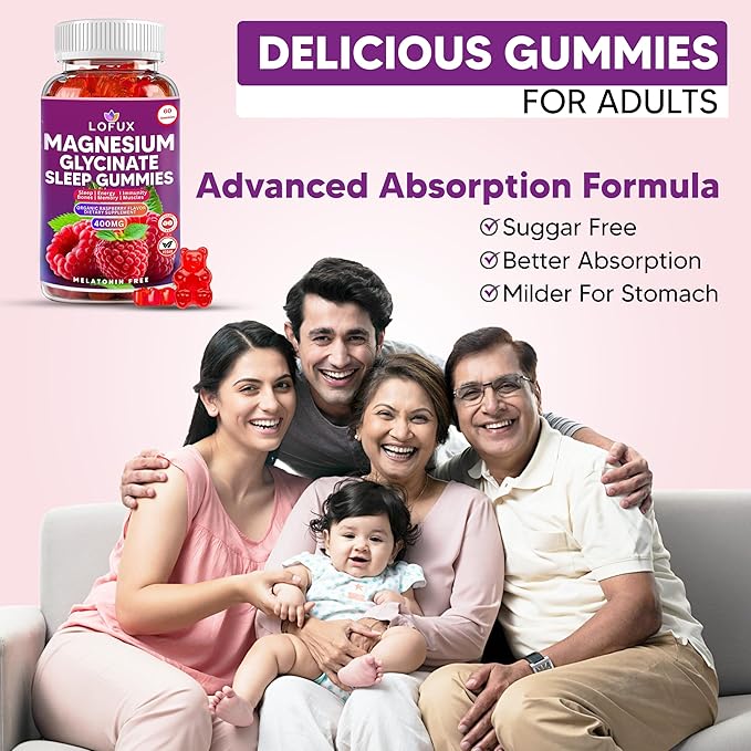 Lofux Magnesium Glycinate Gummies 400mg, Sugar Free Magnesium Gummies for Adults Women, Men, Chewable Supplement Gummy with L-Threonate, Vitamin D, B6, CoQ10 - for Calm, Sleep, Body Relaxation, 120 Ct