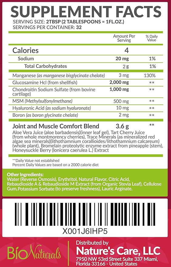 Bio Naturals Liquid Glucosamine Chondroitin MSM Pharmaceutical Grade Supplement with Hyaluronic Acid – Maximum Strength Joint Support - 32 fl oz