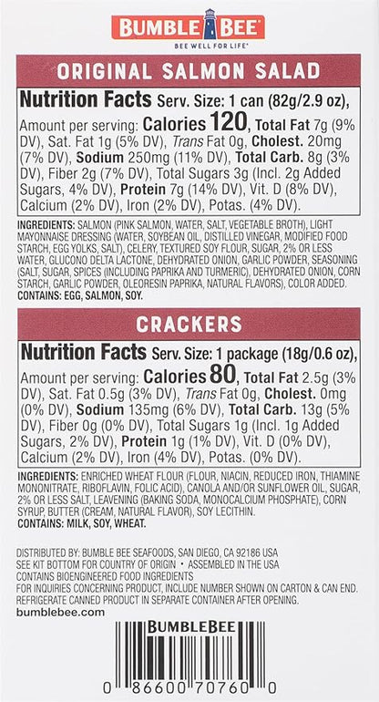 Bumble Bee Snack On The Run Salmon Salad with Crackers Kit - Ready to Eat Protein Snack Pack - 8g Protein per Box - Wild Caught MSC Certified Seafood (Pack of 4)