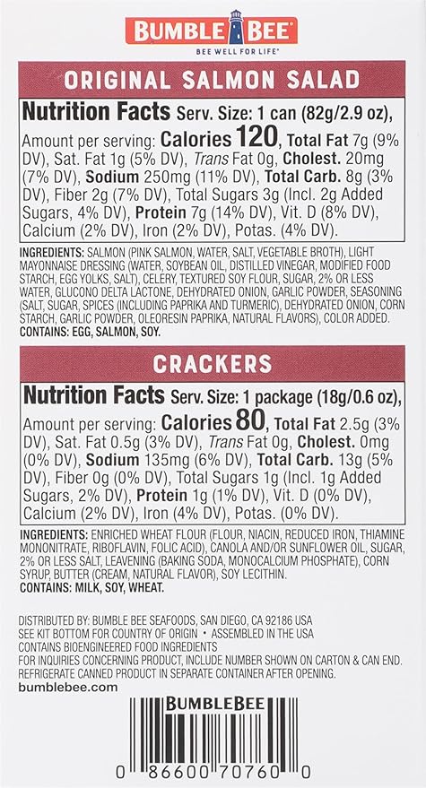 Bumble Bee Snack On The Run! Protein Snack Pack - 8g Protein per Box - Salmon Salad with Crackers Kit - Ready to Eat Easy-Open Can - Wild Caught MSC-Certified Seafood (Pack of 1)
