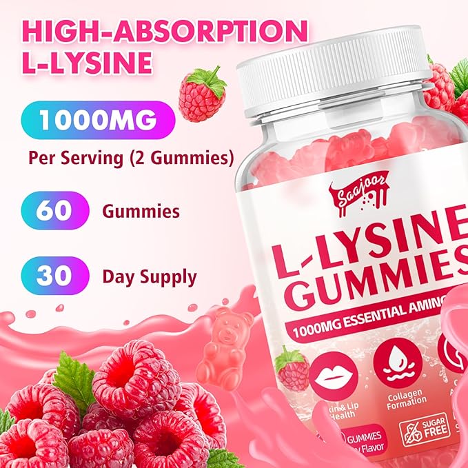 L-Lysine 1000mg Gummies for Immune Support & Skin Health - Vegan, Gluten Free Amino Acid Supplement for Adults, Raspberry Flavor, 120 Gummies