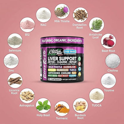 Clean Nutraceuticals Liver Cleanse Detox & Repair | Milk Thistle Supplement + NAC, TUDCA, Dandelion Root, Artichoke, Choline, Ginger, Beet Root, Burdock, Taurine, Liver Support 90 Capsules
