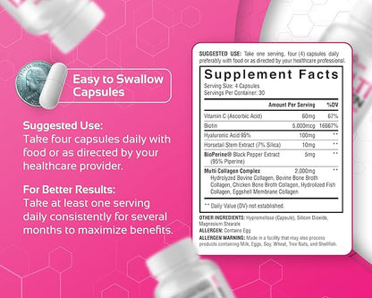 CogniTune Multi Collagen Peptides for Women with Biotin, Hyaluronic Acid, Vitamin C - 5 Types I II III V X Colageno Hidrolizado - 2000mg Hair Skin Nails Joints Support - 120 Capsules