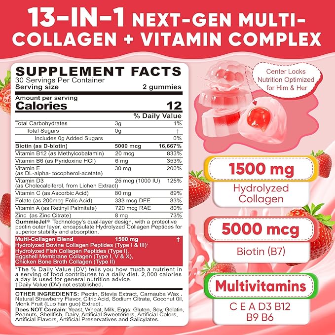 Collagen Peptide Gummies for Women & Men Sugar-Free, Multi Collagen Hydrolyzed w/ 1500mg Protein Type I,II,III,V,X, 5000mcg Biotin, Methylated B12, Vitamin C A E D3 B6 for Skin Hair Nails, Bone, 60Cts