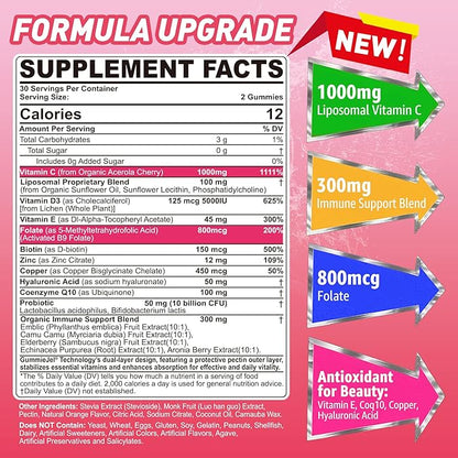 Liposomal Vitamin C 1000mg + D3 5000IU + Zinc Filled Gummies, Folate 800mcg Chewable Supplement, Elderberry for Immune, Hyaluronic Acid, VE, for Beauty, Energy & Overall Health, Sugar Free, ﻿2 Pack
