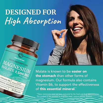 Magnesium Malate 1500MG | Energy & Nervous System Support | 300MG Elemental Mag Per Serving | High Absorption Magnesium Malate Capsules with VIT B6 + Black Pepper | Non-GMO | 90 Ct (1 Month Supply)