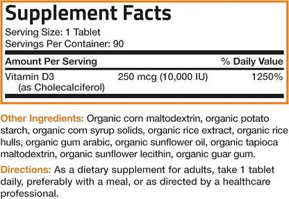 Bronson Vitamin D3 10,000 IU for Immune Support, Healthy Muscle Function & Bone Health, High Potency Organic Non-GMO Vitamin D Supplement, 90 Tablets