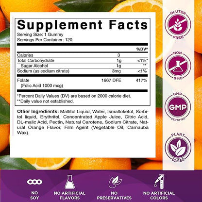 Vitamatic Folic Acid Gummies 1000 mcg (1 mg) – Essential Prenatal Vitamin B9 for Mom & Baby – 120 Vegan Gummies per Bottle – 2 Pack