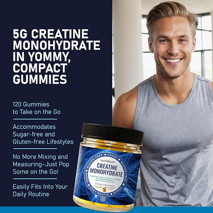 NutraPep Creatine Monohydrate Gummies 5g for Men Women - with L-Taurine Betaine Anhydrous Alpha-GPC BCAA 2:1:1 - Sugar-Free Gluten Free Chewable Creatine Supplement Bites