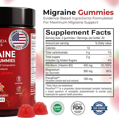 Veralinda Migraine Gummies – Original Triple Protocol Formula, 60 Gummies with Magnesium, Riboflavin B2 & Feverfew – Natural Brain Health Supplement for Migraine Wellness Support for Women & Men