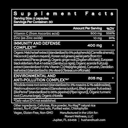 Hush & Hush ShieldUp - Immune Booster Energy Supplement - Brain Booster - Vitamin C, Maca Root, Turmeric and Organic Matcha Leaf Extract - Vegan, Gluten Free - 60 Capsules