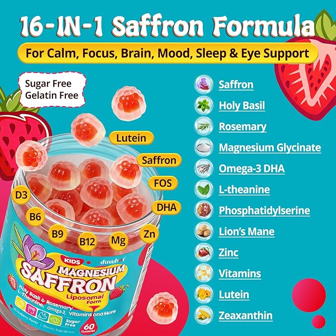 duwhot Saffron for Kids Gummies Sugar Free, Saffron Magnesium Supplement w/Holy Basil, Rosemary, Omega-3 & Vitamins for Happy Kids, Brain, Energy & Vision Support, Vegan, Organic, 60 Chewables