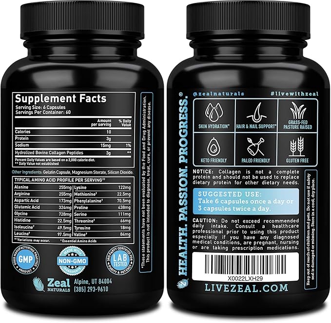 Collagen Peptides Capsules 360 Count - Grass Fed Bovine Hydrolyzed Collagen Pills - Hair, Skin & Nails, Joint Support - Collagen Supplements for Women & Men