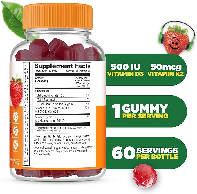 Lifeable Kids Vitamin D3 K2 Gummies | 500iu D3 and K2 100mcg | Great Tasting D3 and K2 Supplements | for Bone Health and Immunity | VIT D3 K2 for Kids | 60 Gummies